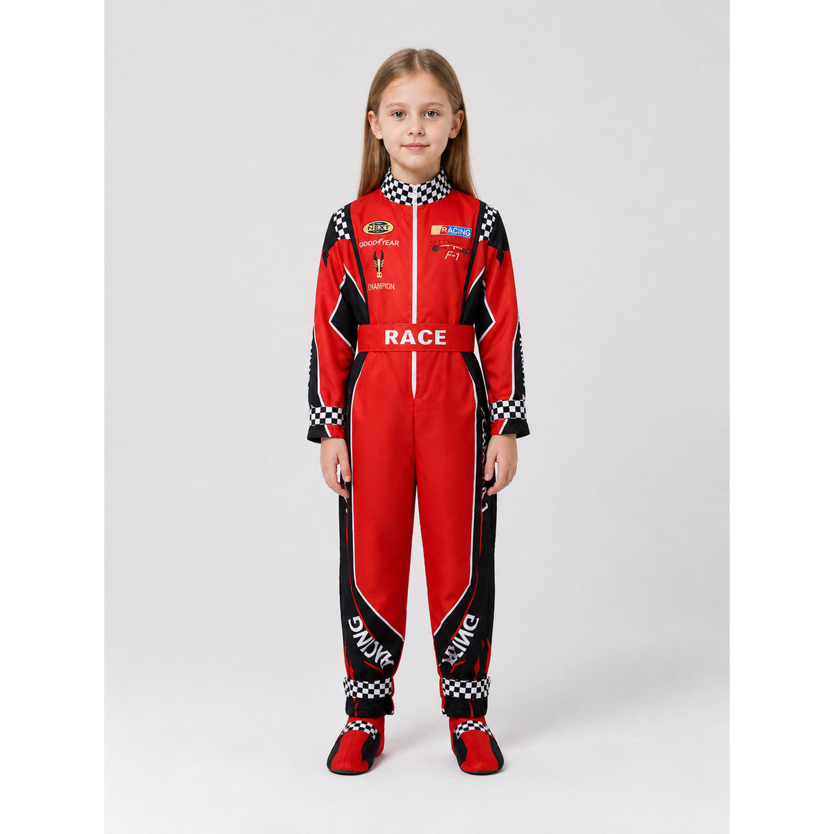 Red Racing Jumpsuit with Checkered Pattern, 110-XXXL