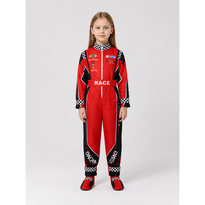 Red Racing Jumpsuit with Checkered Pattern, 110-XXXL