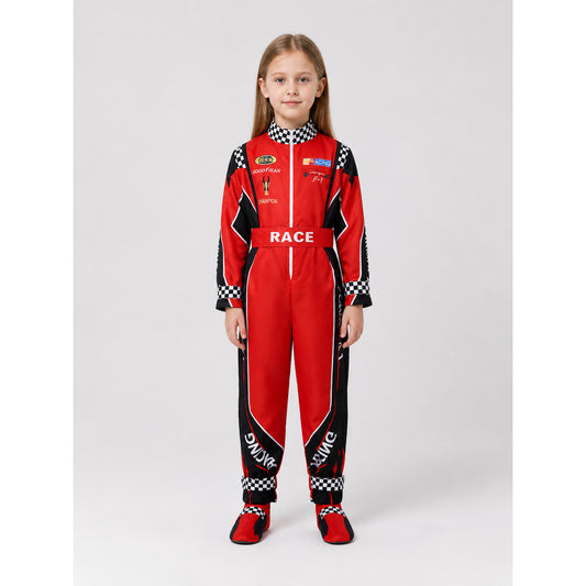 Red Racing Jumpsuit with Checkered Pattern, 110-XXXL on-model view