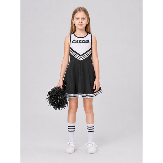 Sleeveless Cheerleader Dress with CHEERS Lettering, Black and White