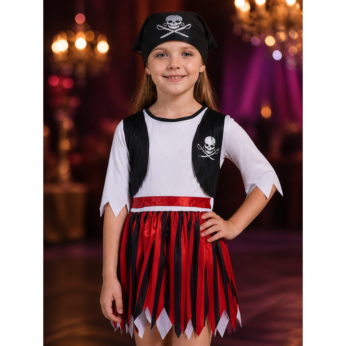 Kids Pirate Costume Set, White Top with Black Vest and Red Black Striped Skirt on-model view