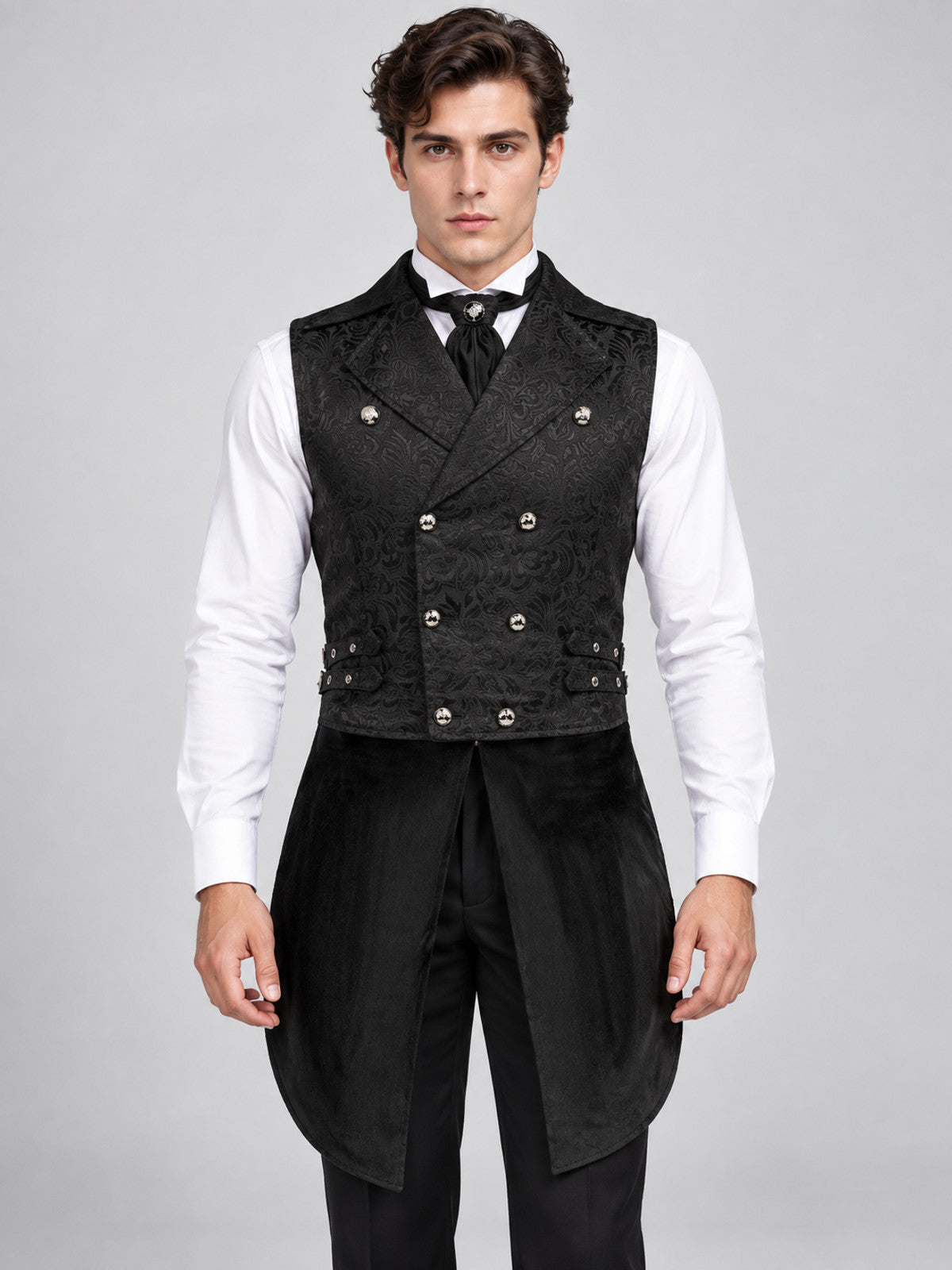 Black Double-Breasted Jacquard Pattern Vest with Tails