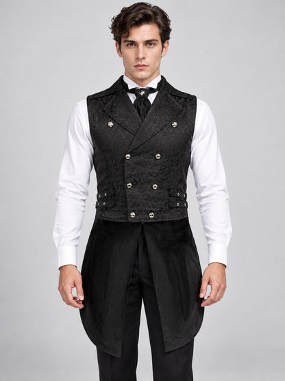 Black Double-Breasted Jacquard Pattern Vest with Tails