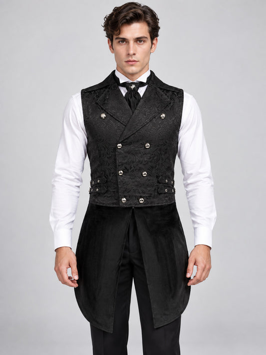 Black Double-Breasted Jacquard Pattern Vest with Tails