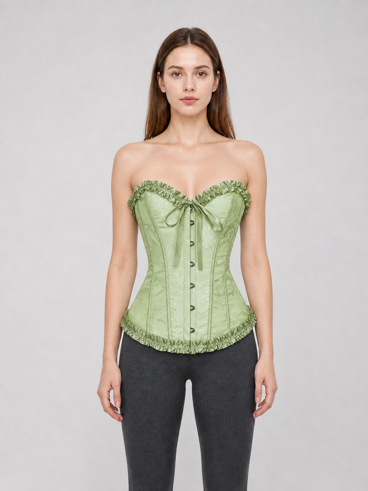 Light Green Corset Top with Ruffles and Lacing front view