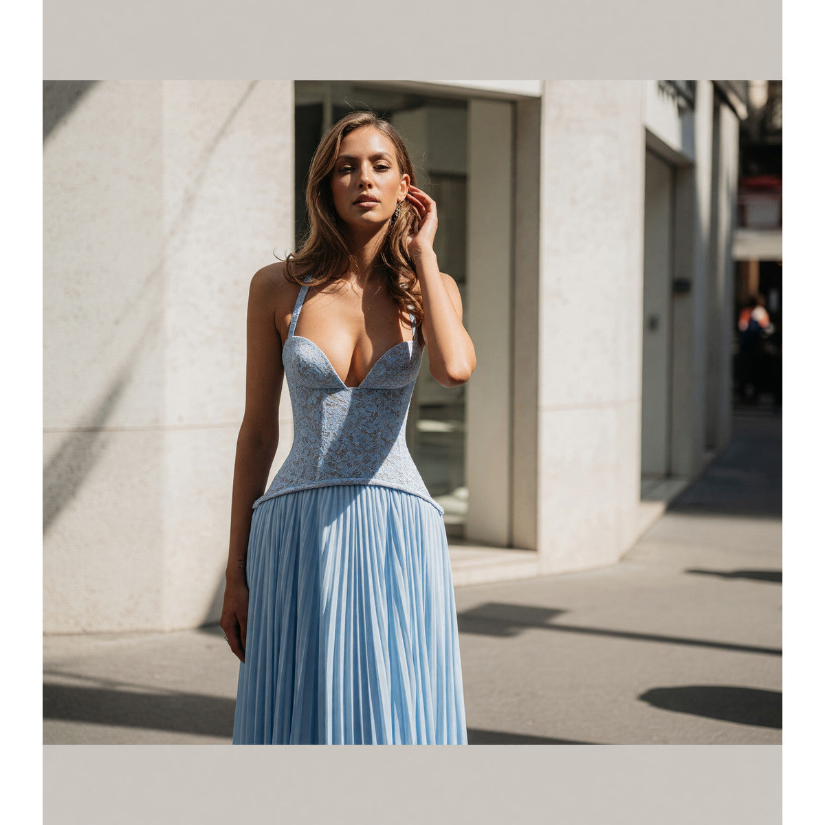 Women's Light Blue Strappy Dress with a Corset-Style Bodice