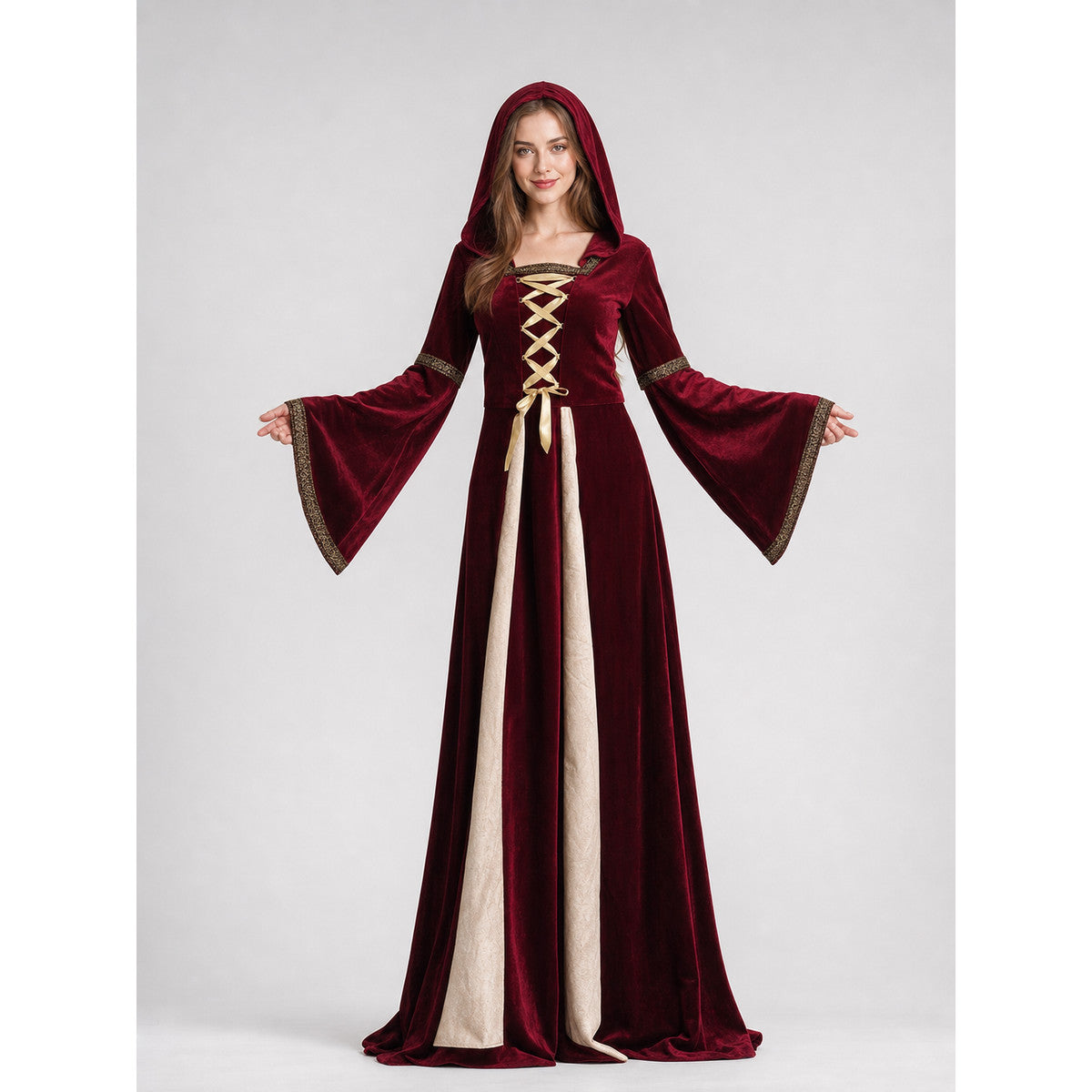 Medieval Hooded Dress with Lacing on-model view