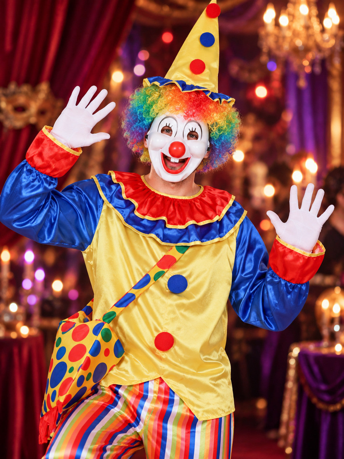 Clown Costume with Yellow Top, Pants, and Polka-Dot Hat
