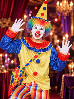 Clown Costume with Yellow Top, Pants, and Polka-Dot Hat