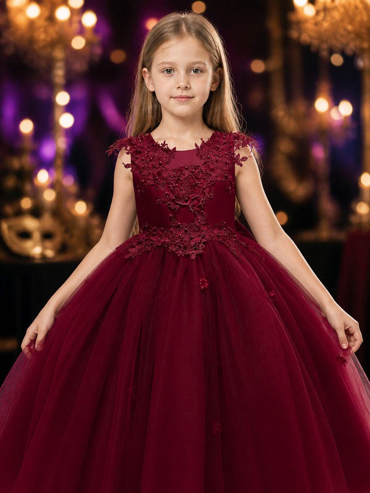 Girls' Burgundy Flower Girl Princess Dress, Sleeveless Floral Lace Gown on-model view