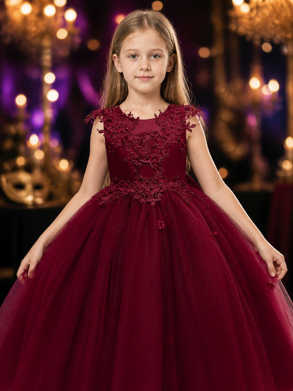 Girls' Burgundy Flower Girl Princess Dress, Sleeveless Floral Lace Gown on-model view