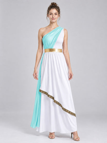 Floor-Length Dress with Turquoise Draping and Gold Belt