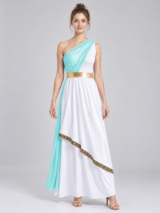Floor-Length Dress with Turquoise Draping and Gold Belt