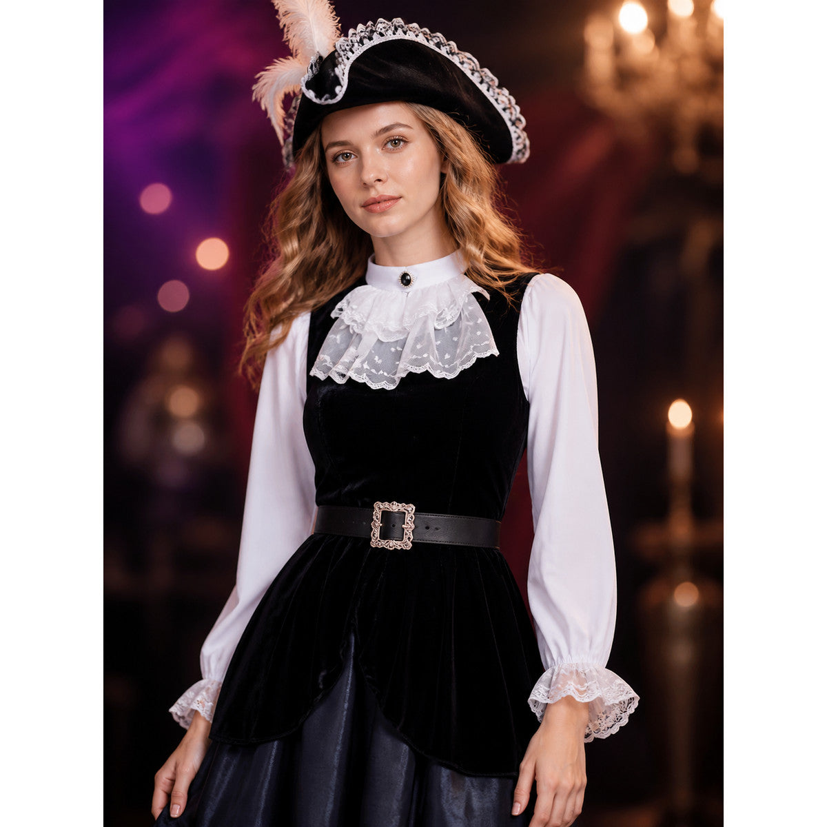 Black And White Pirate Costume Set With Lace Trim, Layered Skirt And Hat