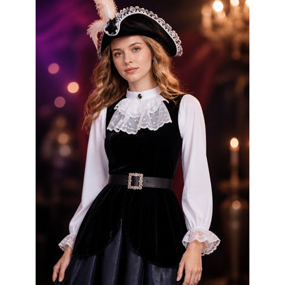 Black And White Pirate Costume Set With Lace Trim, Layered Skirt And Hat