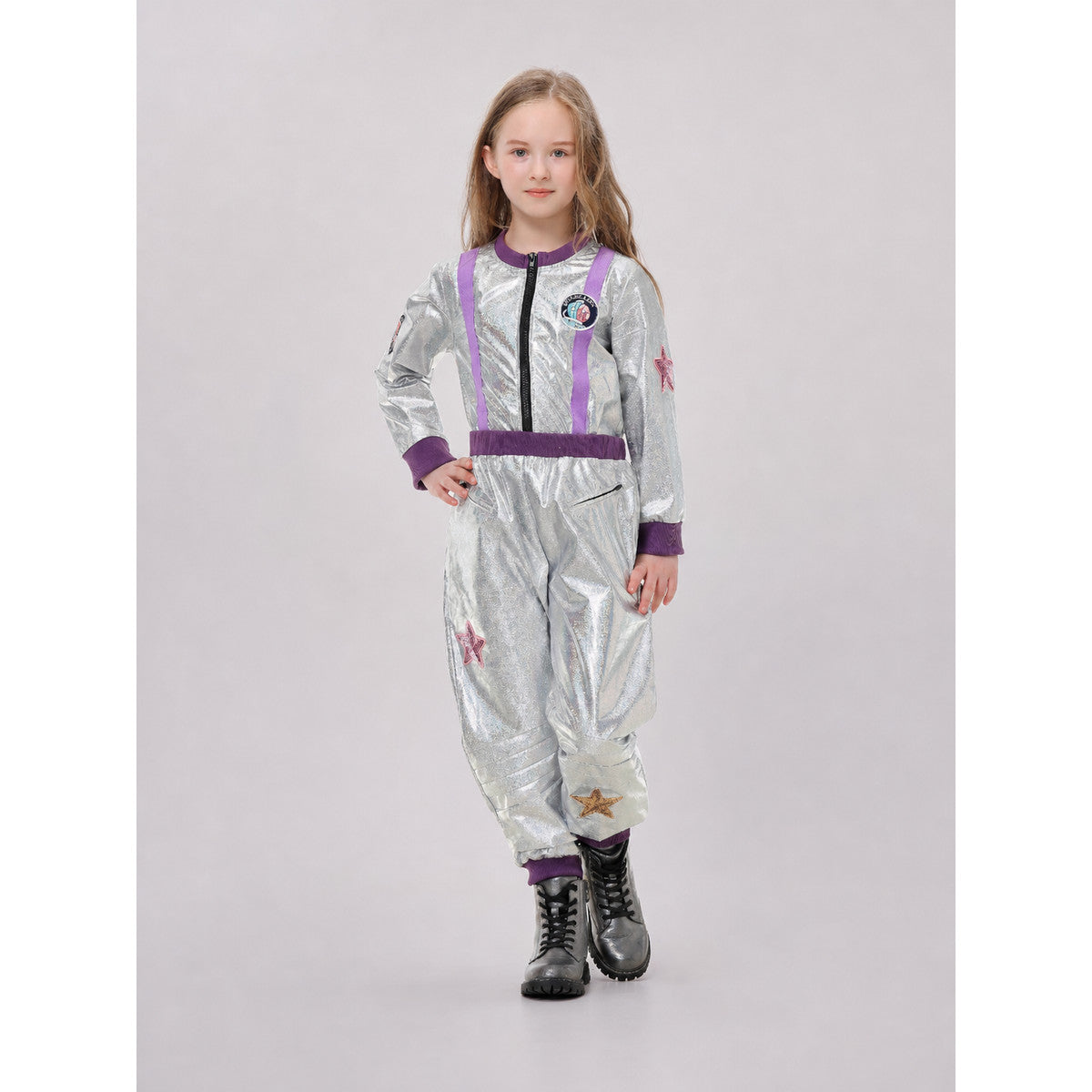 Silver Astronaut Costume with Purple Detailing