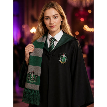 Wizard Long Hooded Robe Costume Set with Tie & Scarf, Green and Grey Stripes