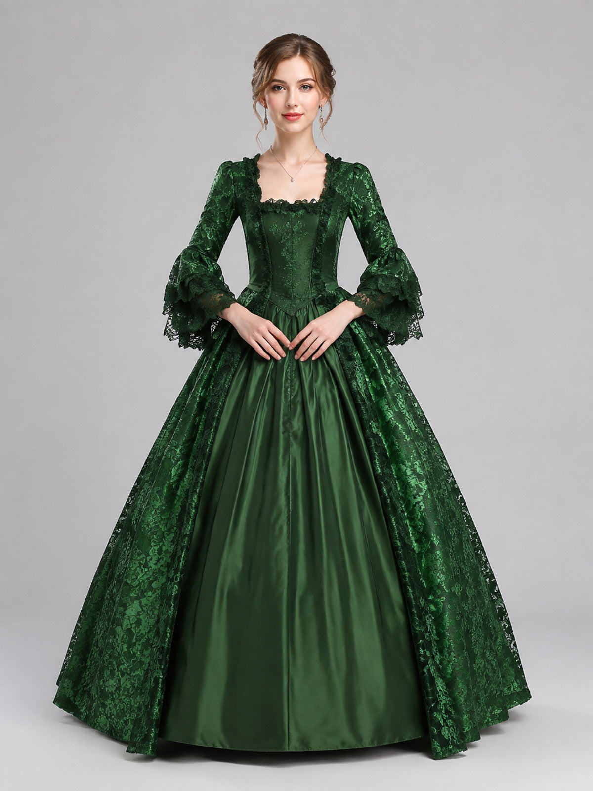Floor-Length Medieval Dress with Lace and a Full Skirt on-model view