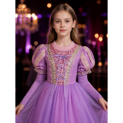 Girls Princess Costume Dress, Puffy Sleeve Tulle Ball Gown with Gold Lace Trim on-model view