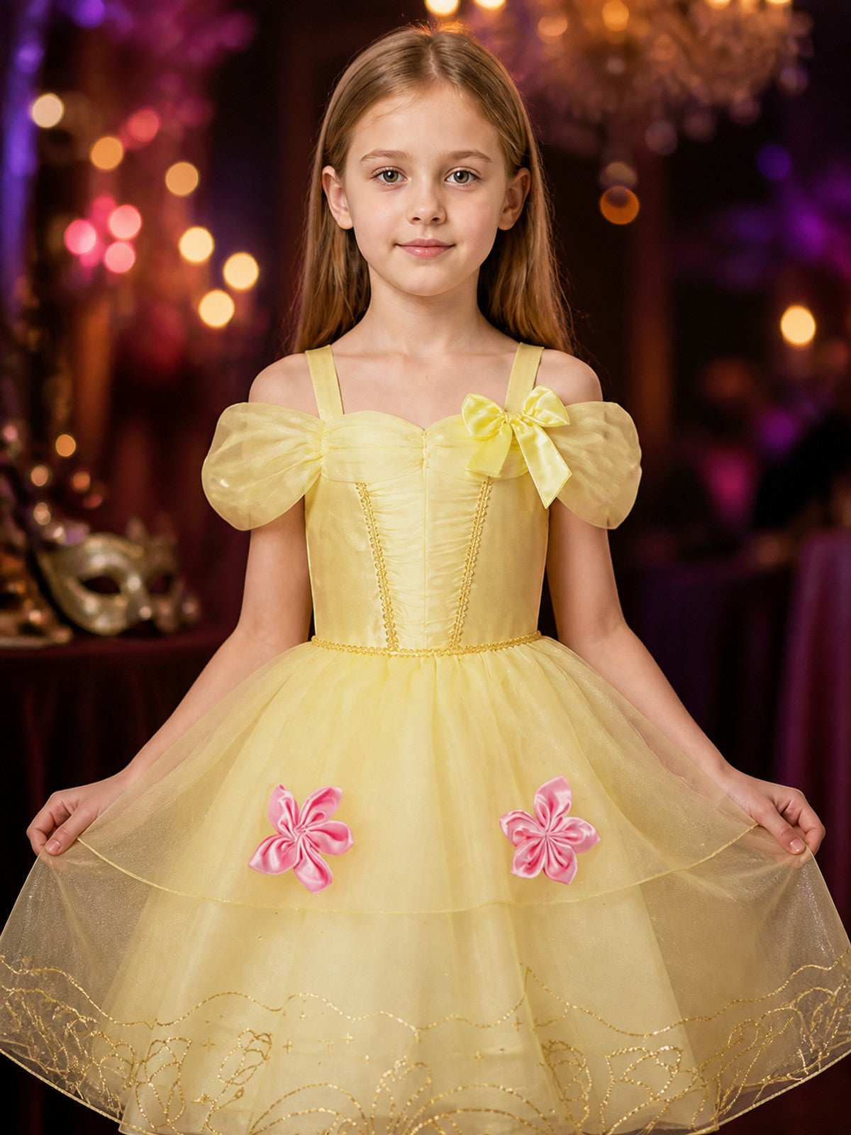Girls Princess Costume Dress, Light Yellow Party Dress With Bow, Puff Sleeves on-model view