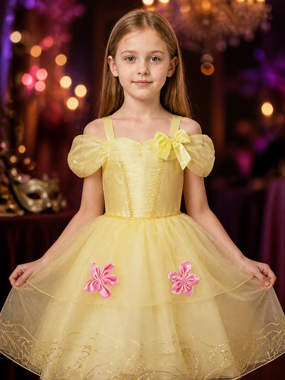 Girls Princess Costume Dress, Light Yellow Party Dress With Bow, Puff Sleeves on-model view