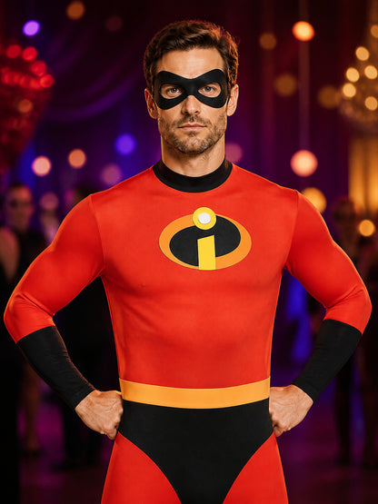 Kids Superhero Costume Jumpsuit - Red Black Bodysuit with Eye Mask and Yellow on-model view