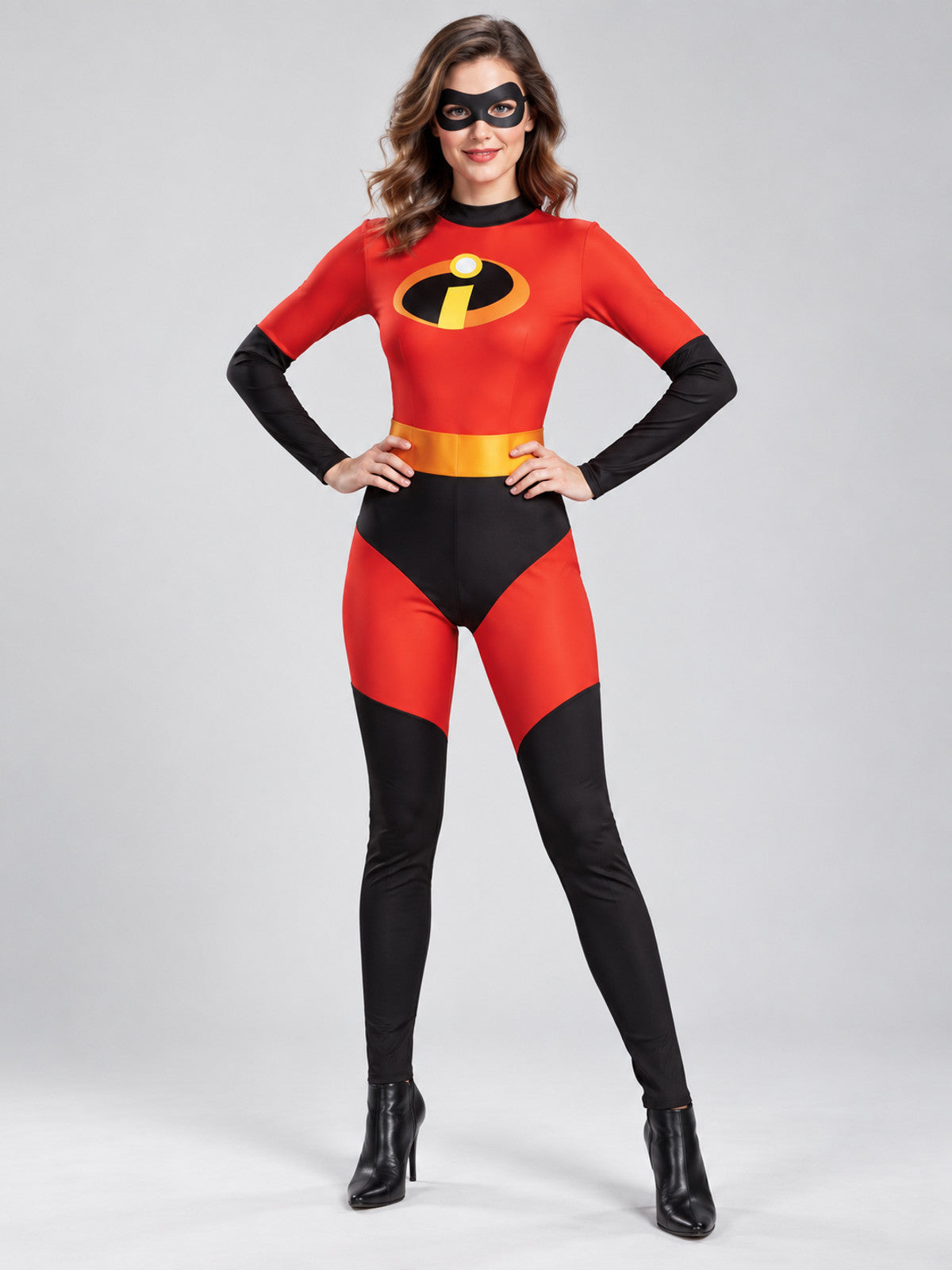 Red superhero costume with a yellow-orange belt and mask