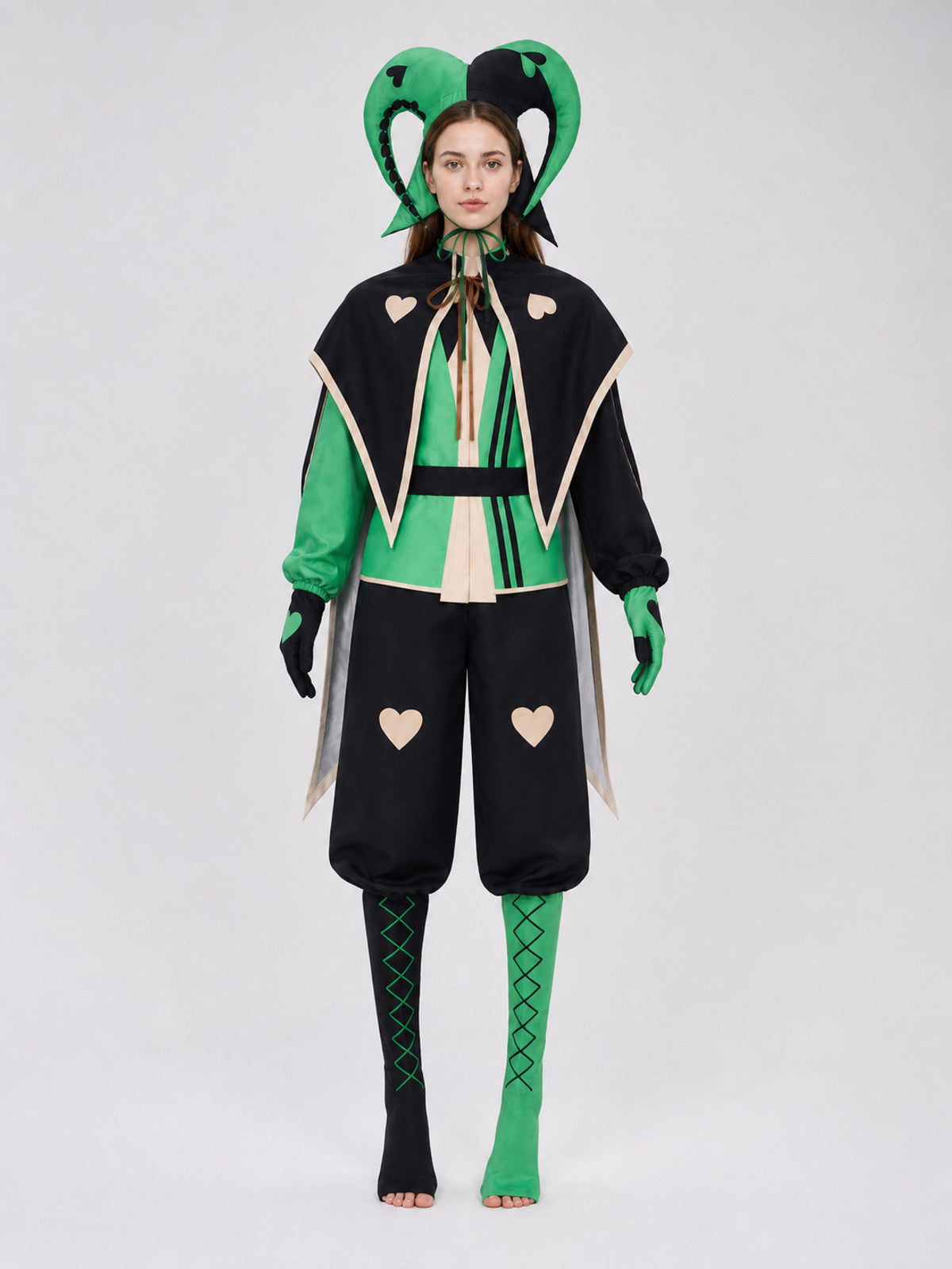 Theatrical jester-clown costume in a black-and-green style for cosplay. The set