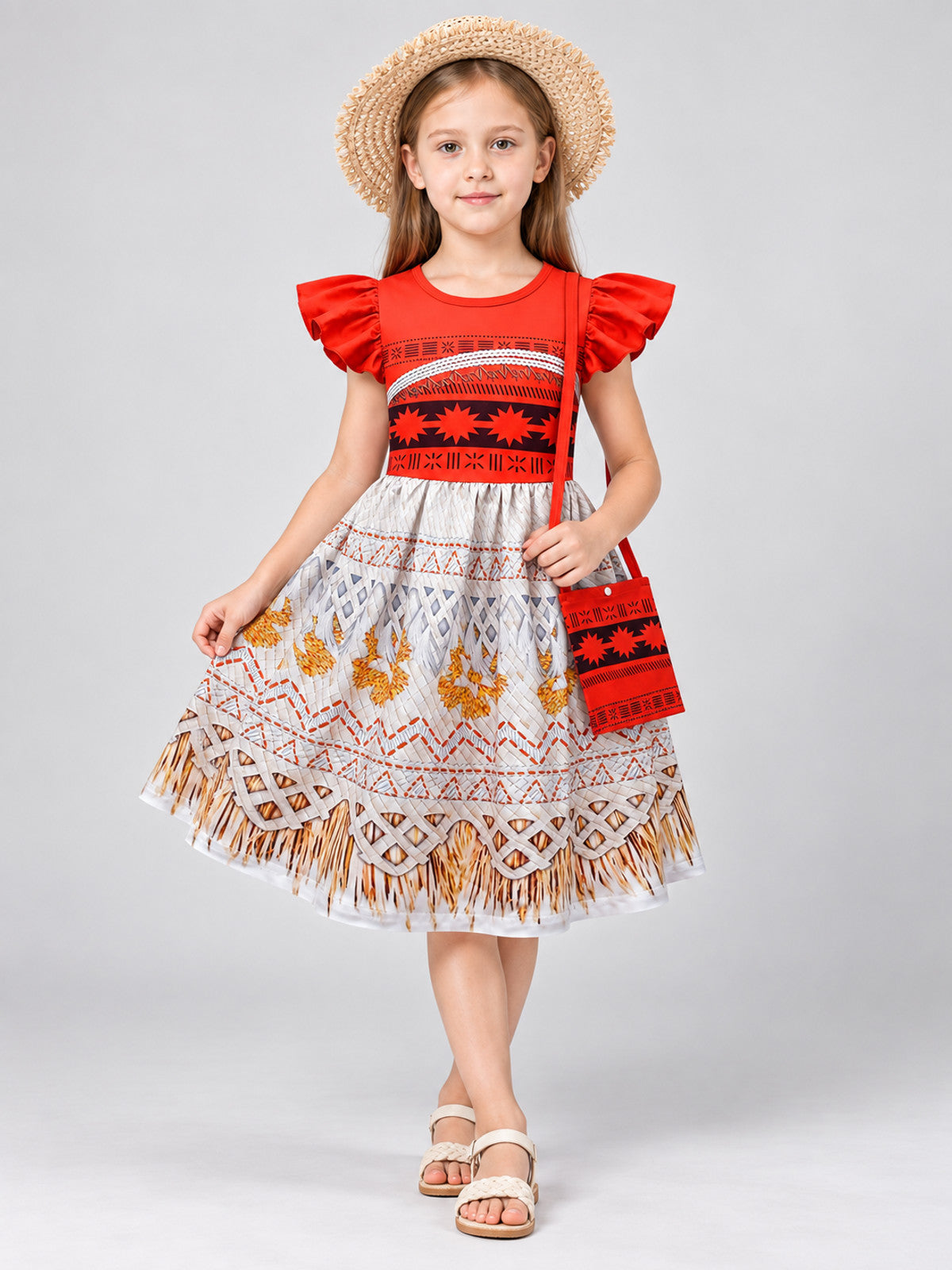Moana-Style Red and White Dress with Fringe and Bag