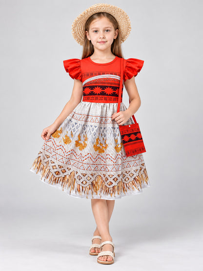 Moana-Style Red and White Dress with Fringe and Bag