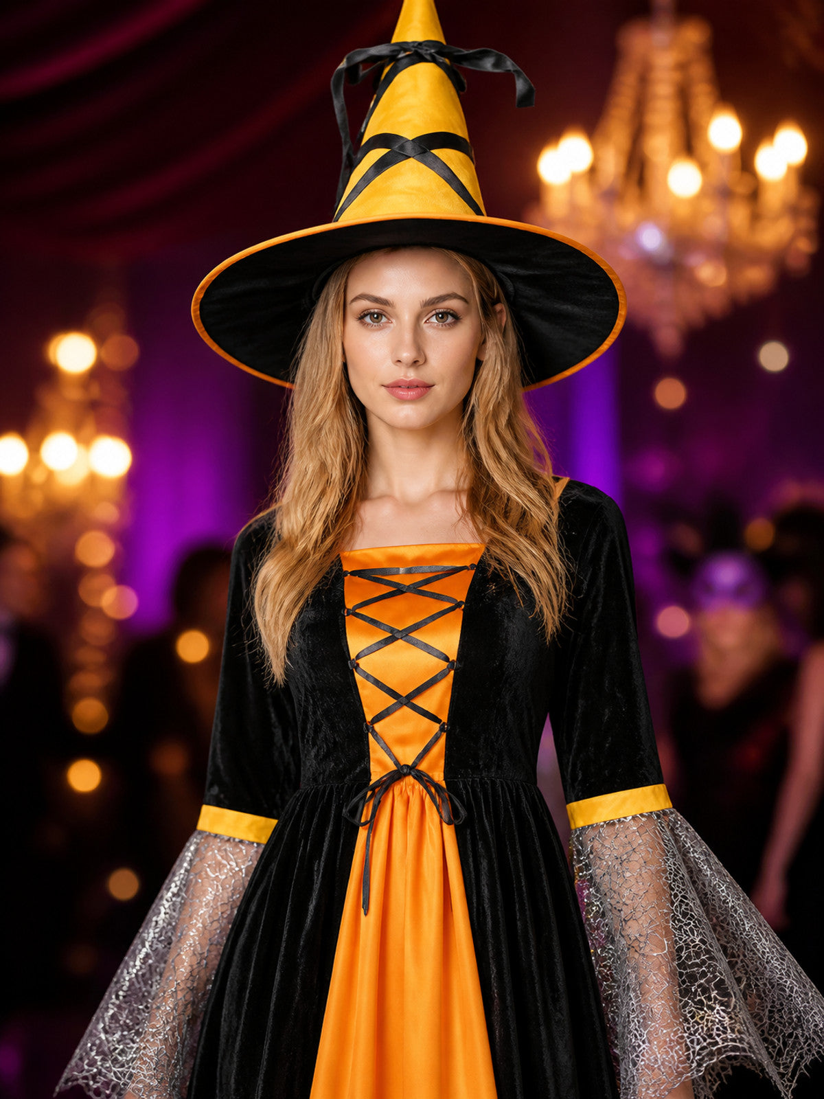 Halloween Witch Costume with Hat and Lace Sleeves