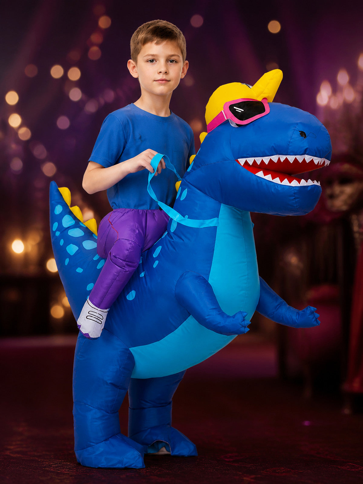 Inflatable Blue Dinosaur Costume with Pink Goggles, Halloween Party Outfit