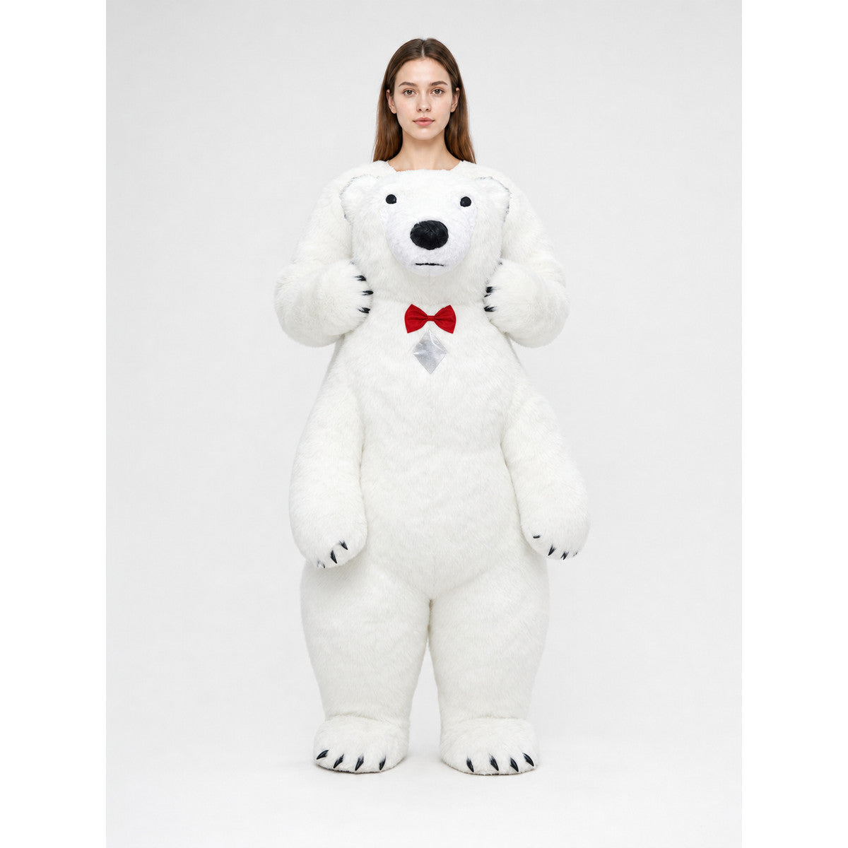 Inflatable life-size polar bear costume on-model view