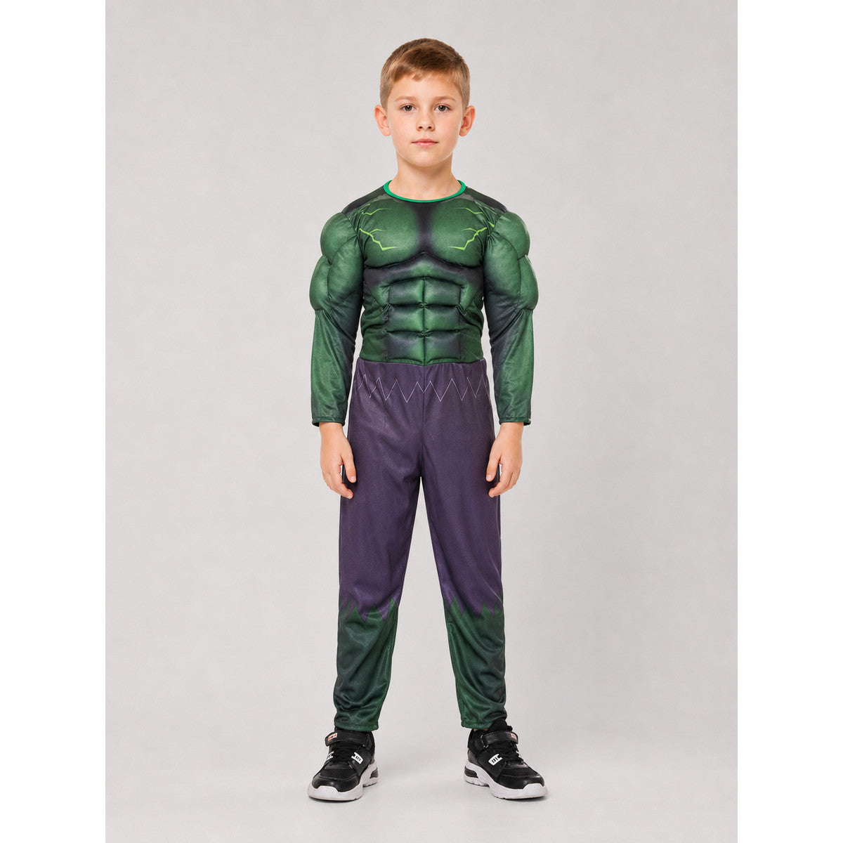 Kids' Hulk superhero costume with mask, jumpsuit on-model view
