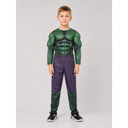 Kids' Hulk superhero costume with mask, jumpsuit on-model view