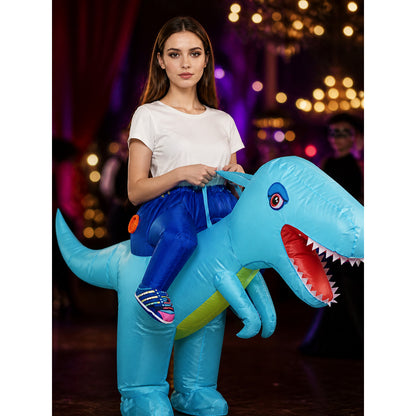 Funny Inflatable Blue-Green Dinosaur Costume for Kids and Adults with Open Mouth on-model view