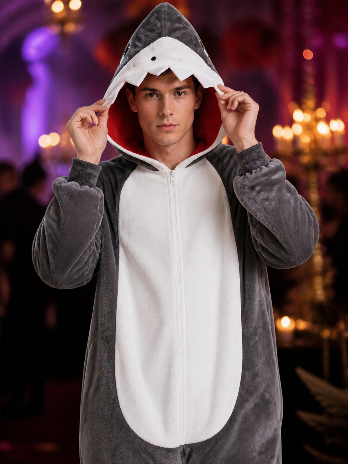 Shark Animal Hooded Jumpsuit Costume With Tail And White Belly Panel on-model view