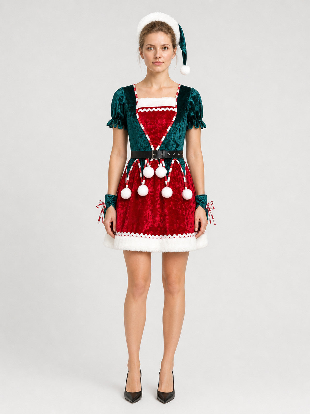 New Year's Costume Dress in Red and Green with White Fur on-model view