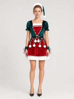 New Year's Costume Dress in Red and Green with White Fur