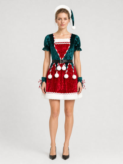 New Year's Costume Dress in Red and Green with White Fur on-model view