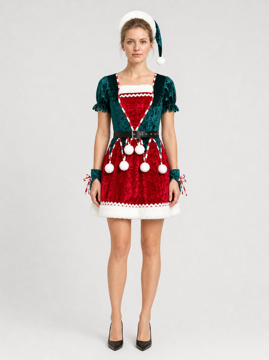 New Year's Costume Dress in Red and Green with White Fur on-model view