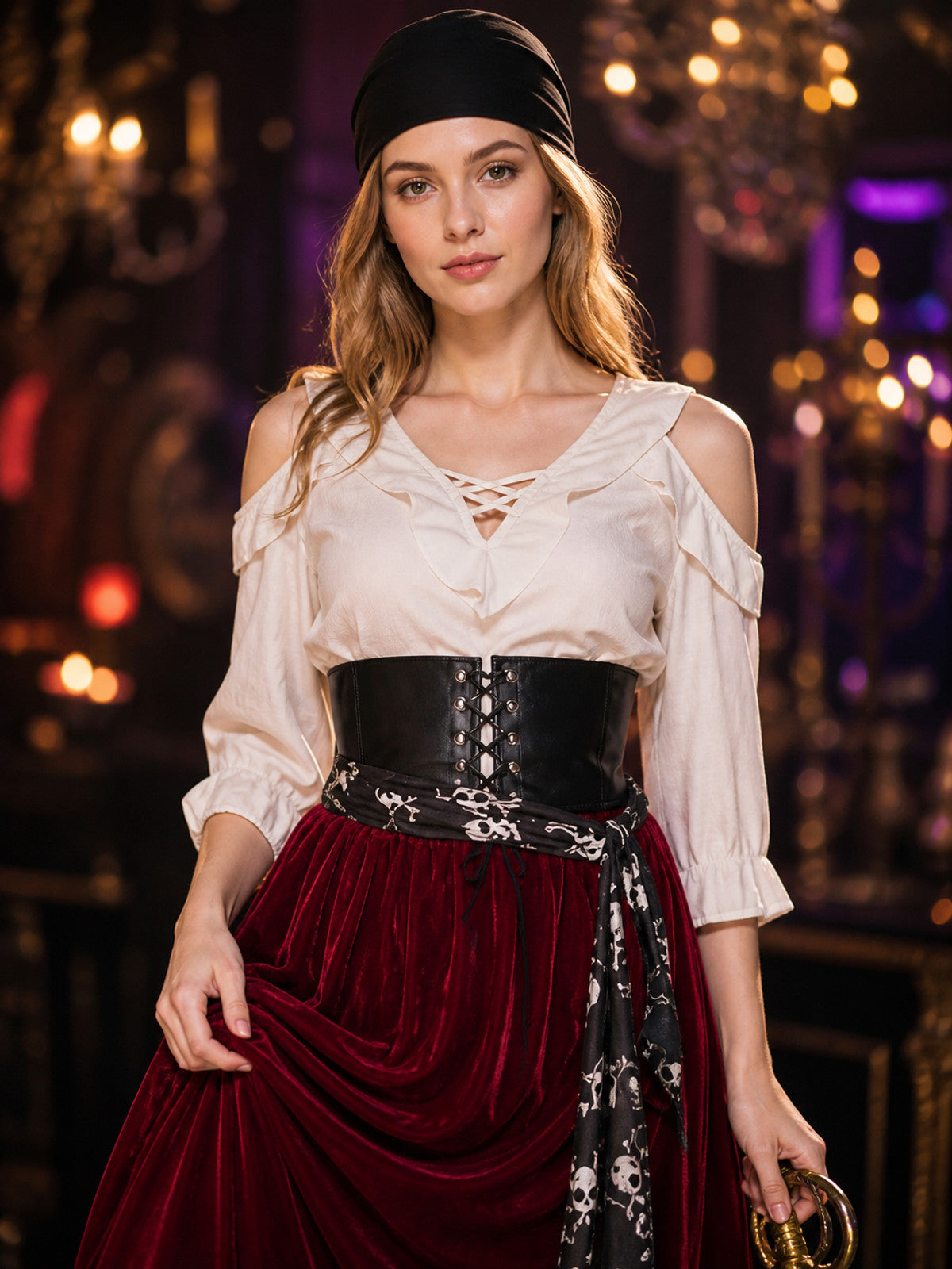 Pirate Costume with Skirt and Headscarf for Halloween Masquerades on-model view
