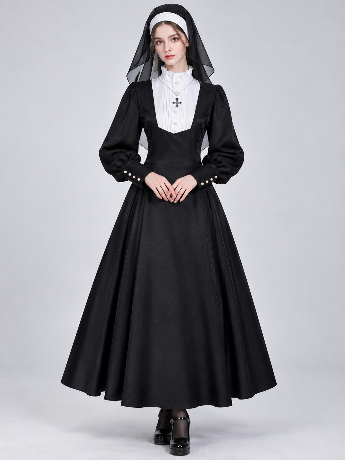 Black Nun Costume with White Insert and Cross
