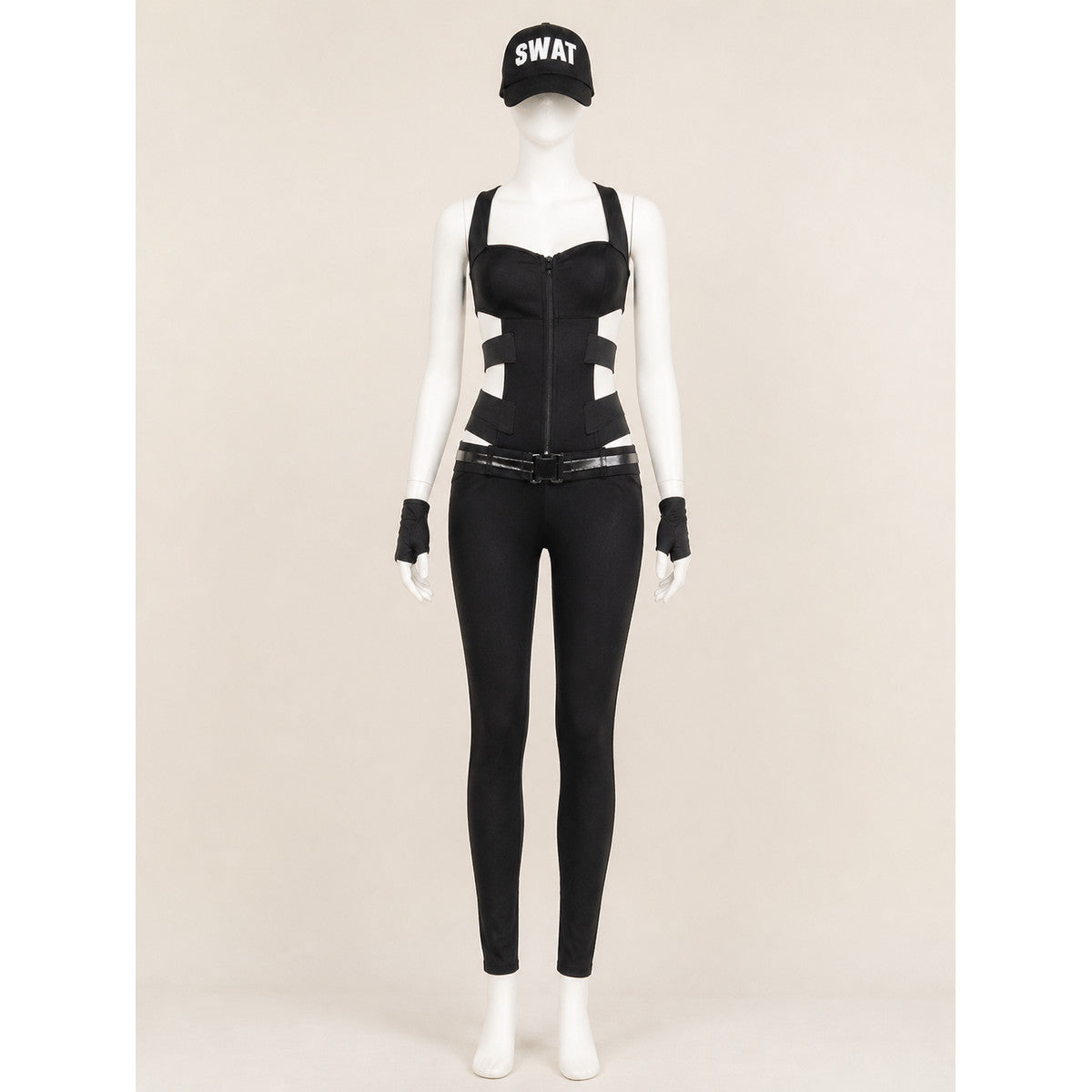 Women's Black SWAT Police Costume Set with Hat & Gloves, Halloween Cosplay on-model view