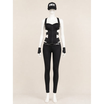 Women's Black SWAT Police Costume Set with Hat & Gloves, Halloween Cosplay on-model view