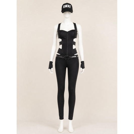 Women's Black SWAT Police Costume Set with Hat & Gloves, Halloween Cosplay on-model view