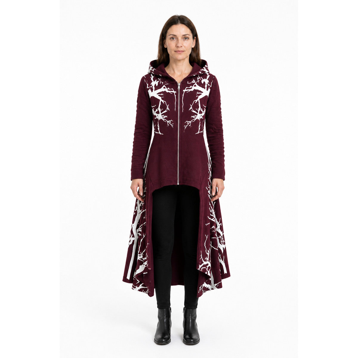 Wine-Colored Hooded Cloak with Branch Print for Halloween main product view