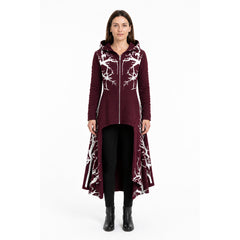 Wine-Colored Hooded Cloak with Branch Print for Halloween