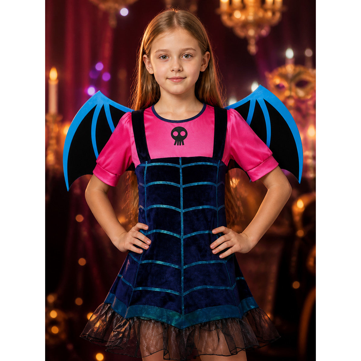 Kids Witch Costume Dress with Bat Wings, Witch Hat and Skeleton Detail Halloween on-model view