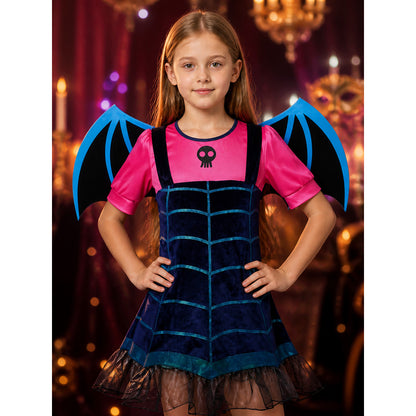 Kids Witch Costume Dress with Bat Wings, Witch Hat and Skeleton Detail Halloween on-model view